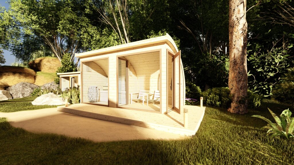 Sauna z dodatkowym, przeszklonym przedsionkiem. Ocieplona sauna o oryginalnym kształcie Domek drewniany ocieplony producent Filanest