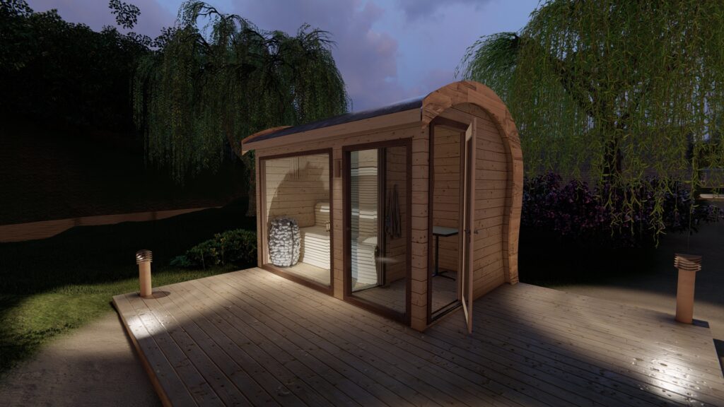 Powiększona, ocieplona sauna FlexMidi. Praktyczny kształt umożliwia komfortowe korzystanie z sauny Sauna ogrodowa zewnętrzna ocieplona producent Filanest